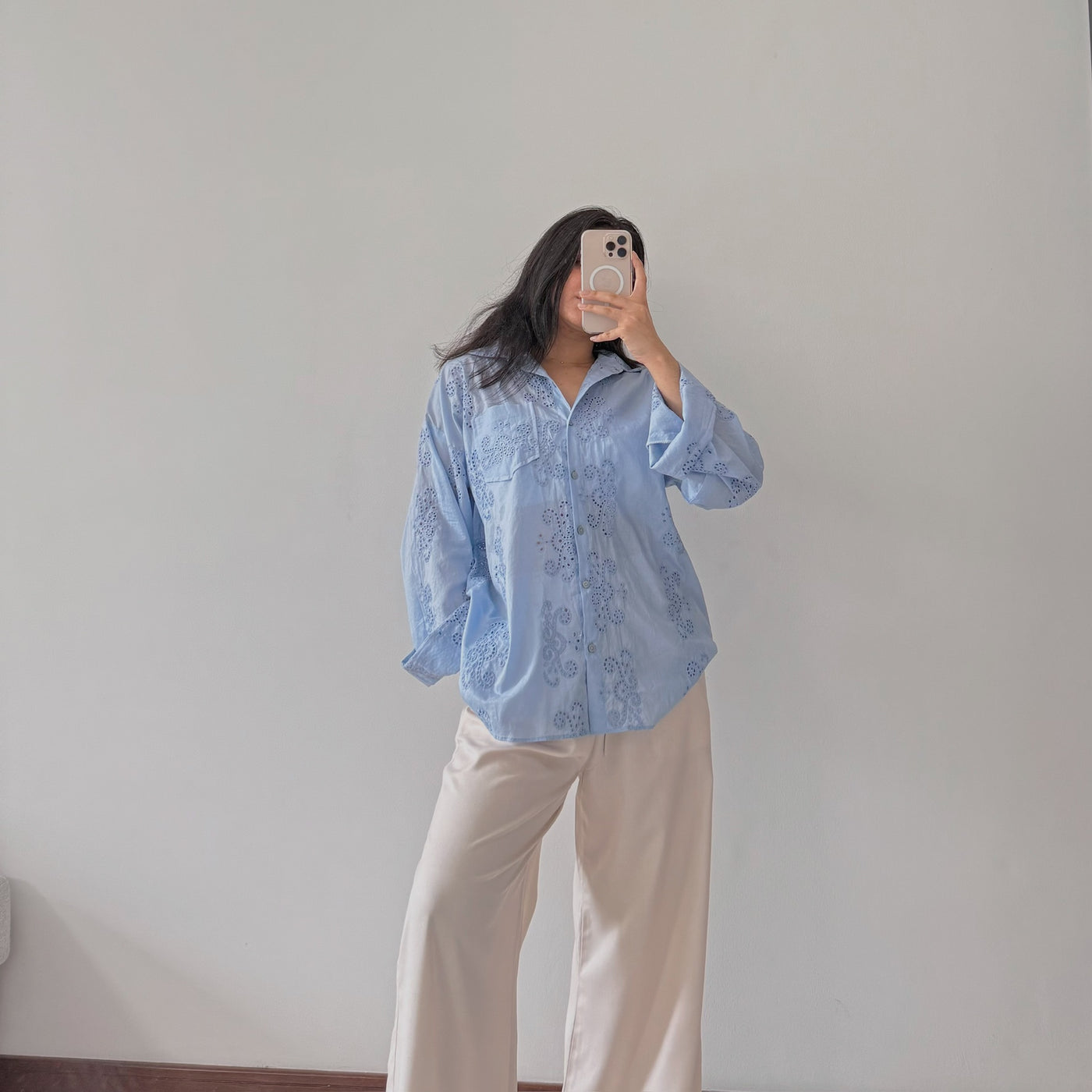 Oxford Blue Schiffli Top