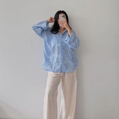 Oxford Blue Schiffli Top