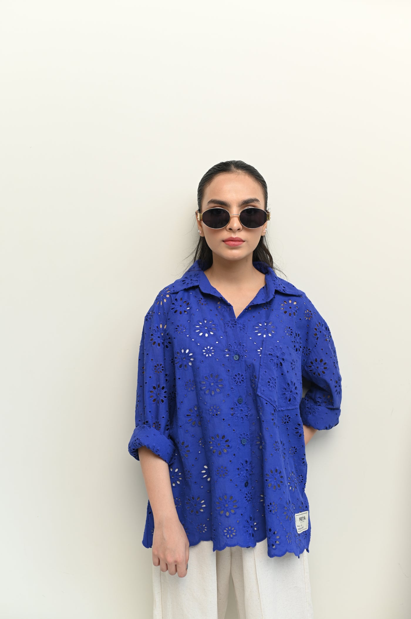 Blue Schiffli Button Down