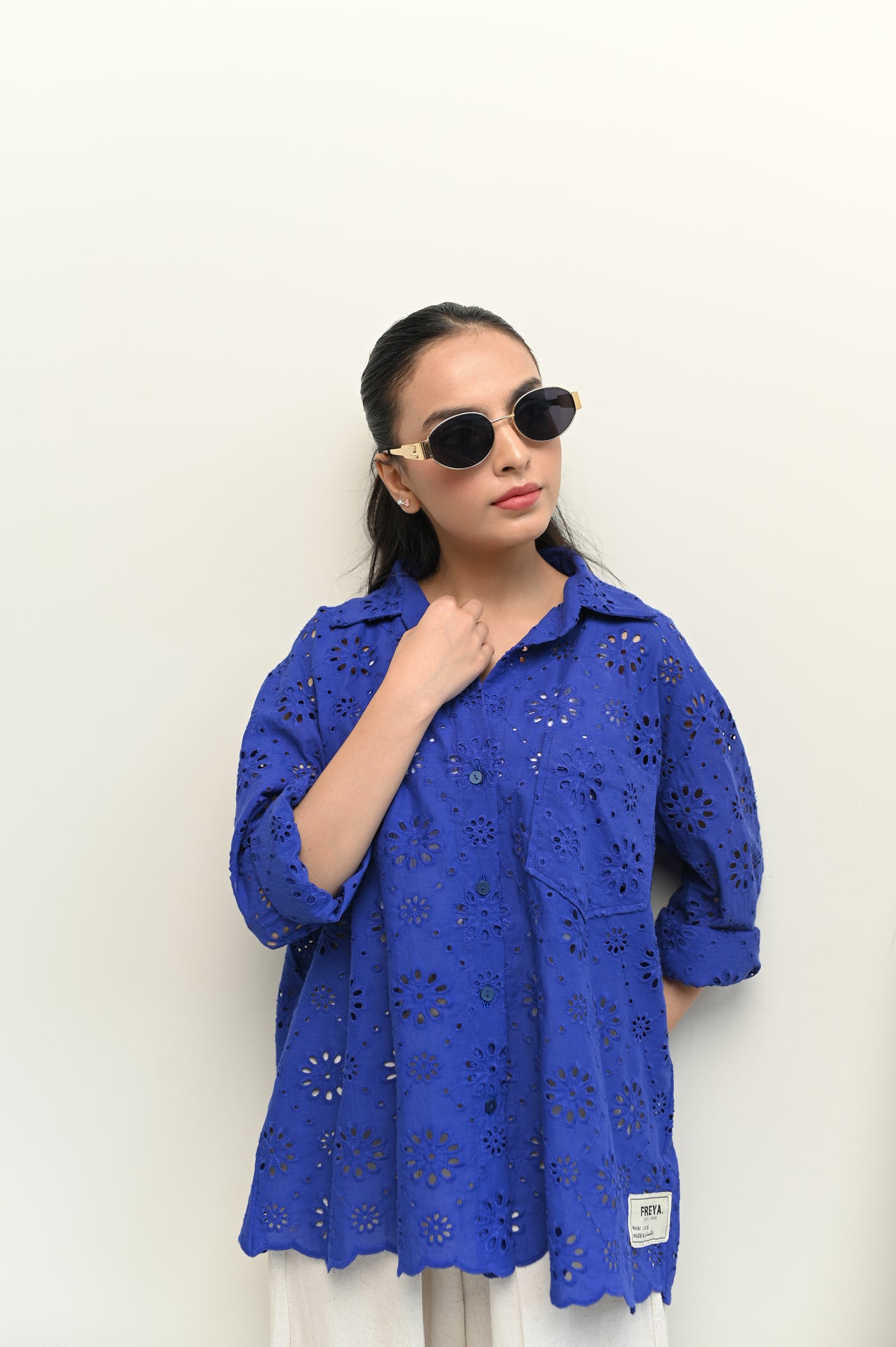 Blue Schiffli Button Down