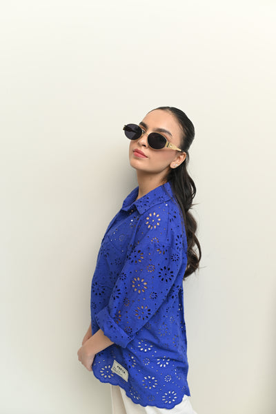 Blue Schiffli Button Down