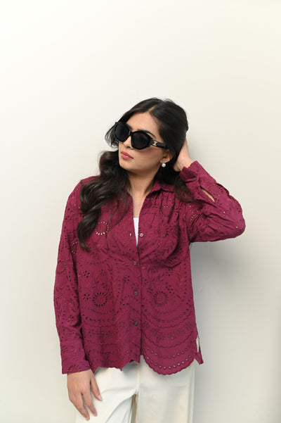 Magenta Schiffli Button Down