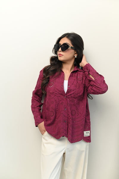 Magenta Schiffli Button Down