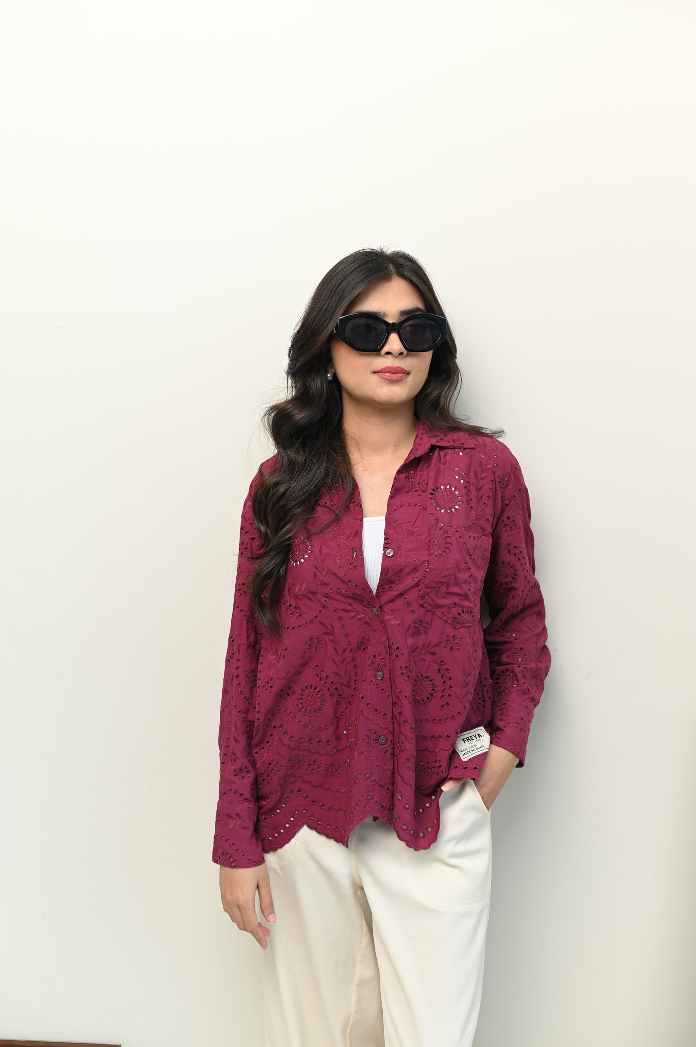 Magenta Schiffli Button Down