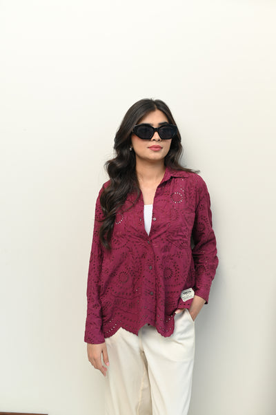 Magenta Schiffli Button Down