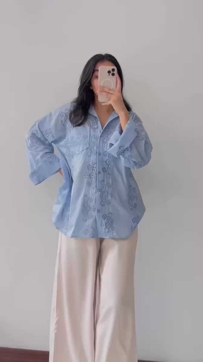 Oxford Blue Schiffli Top
